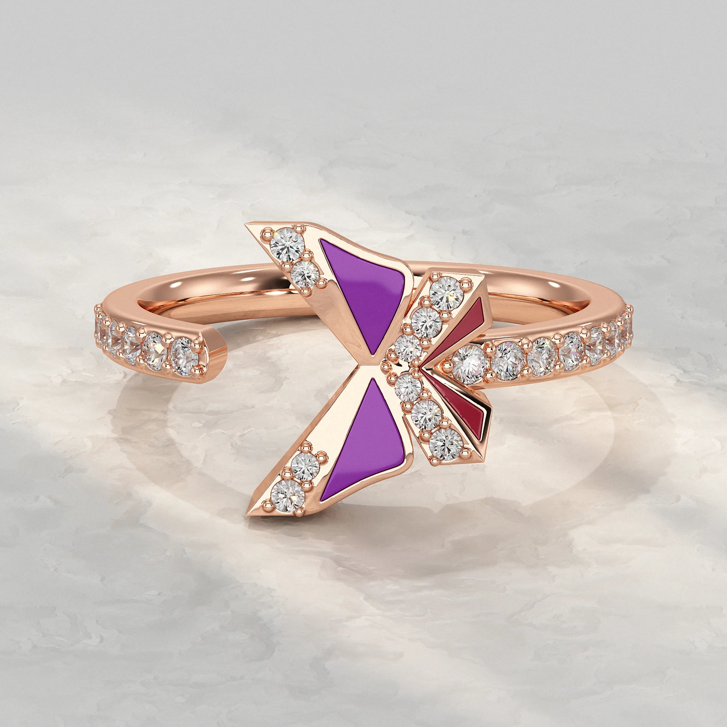 Purple Enamel Butterfly Lab Diamond Open Cuff Ring Rings