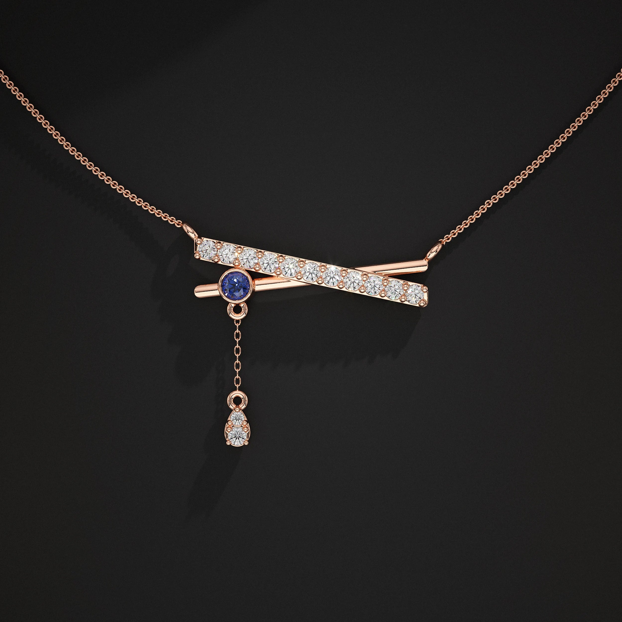 Round Lab Diamond Drop Chain Bar Pendant Pendant