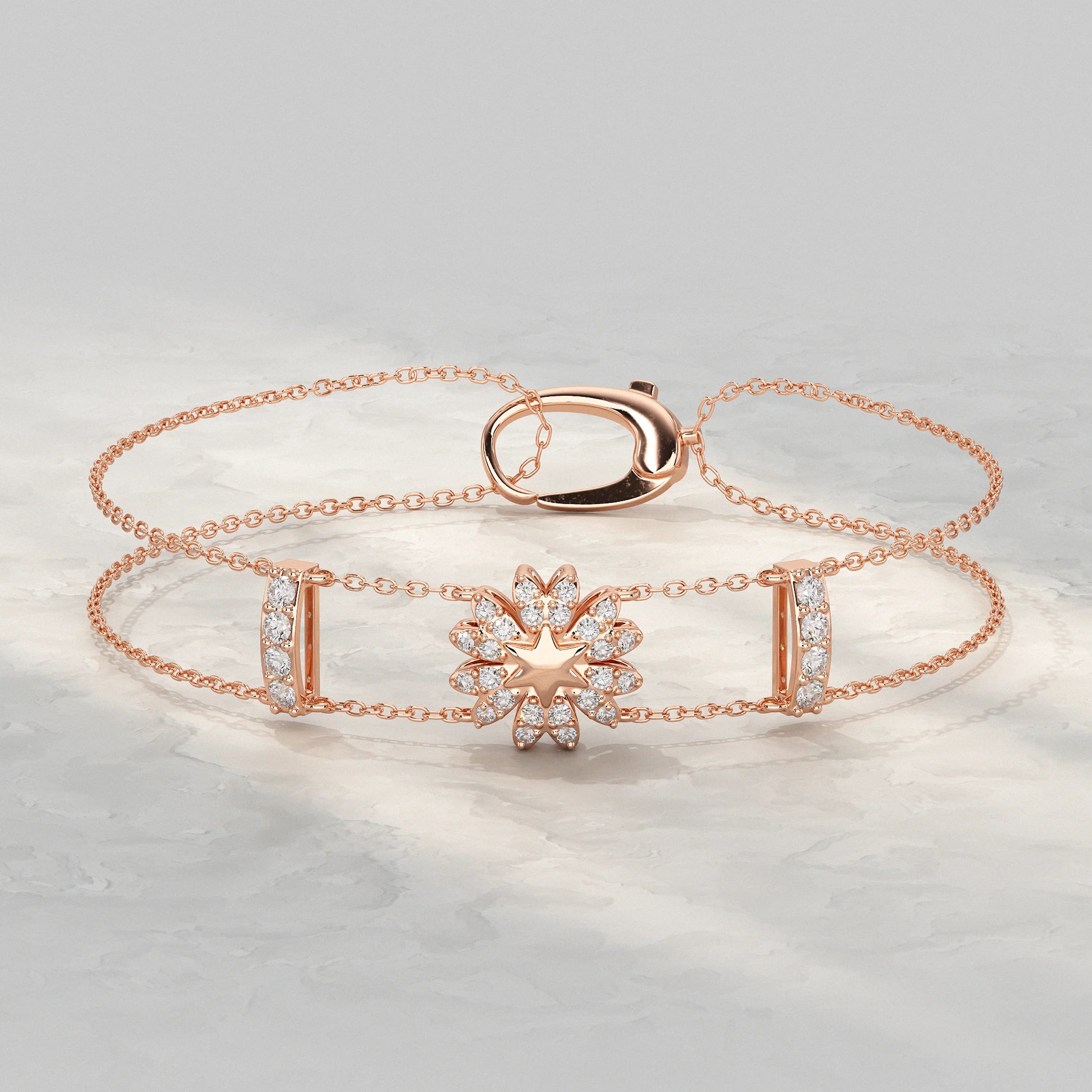 Floral Shape Round Diamond Double Chain Bracelet Bracelet