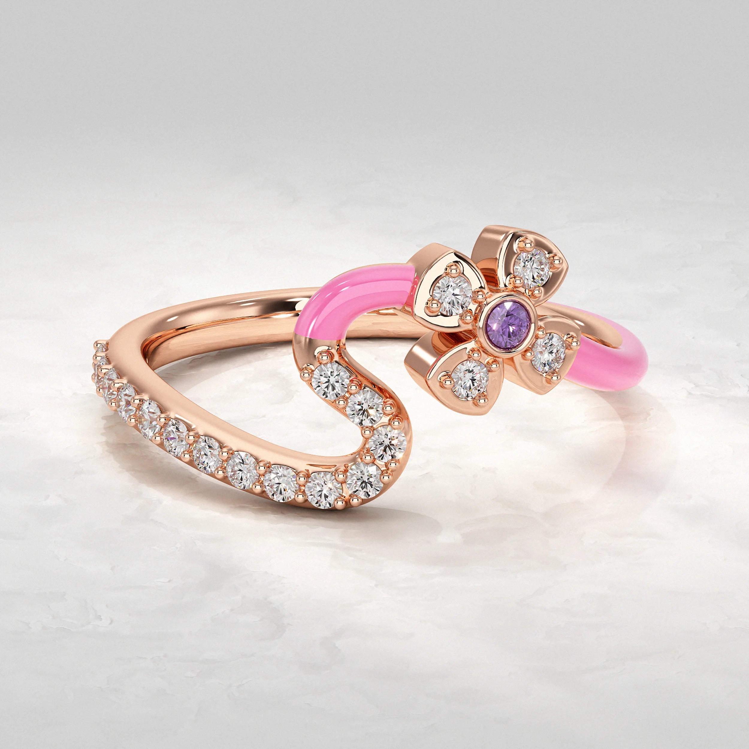 Pink Enamel Lab Diamond Floral Ring Rings