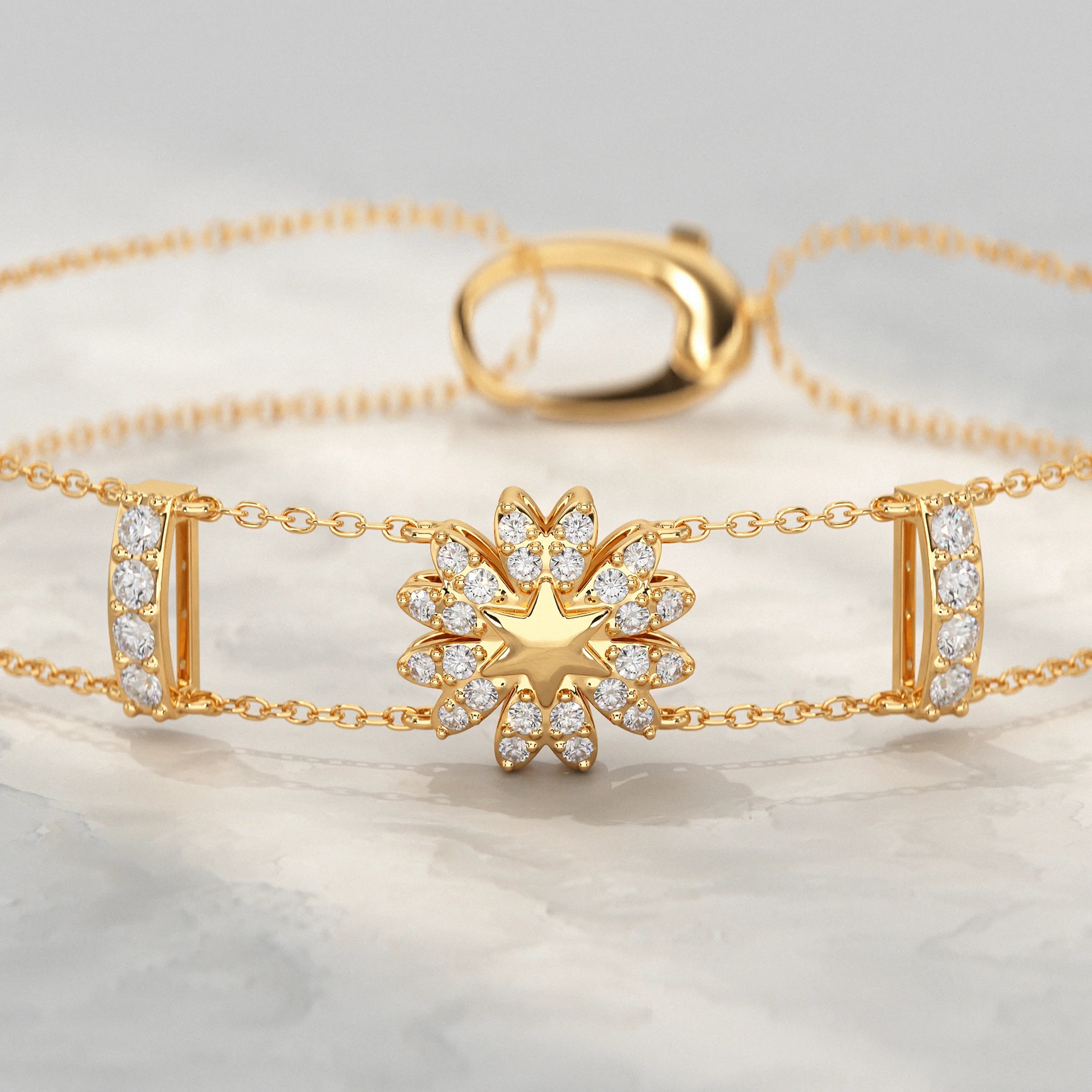 Floral Shape Round Diamond Double Chain Bracelet Bracelet