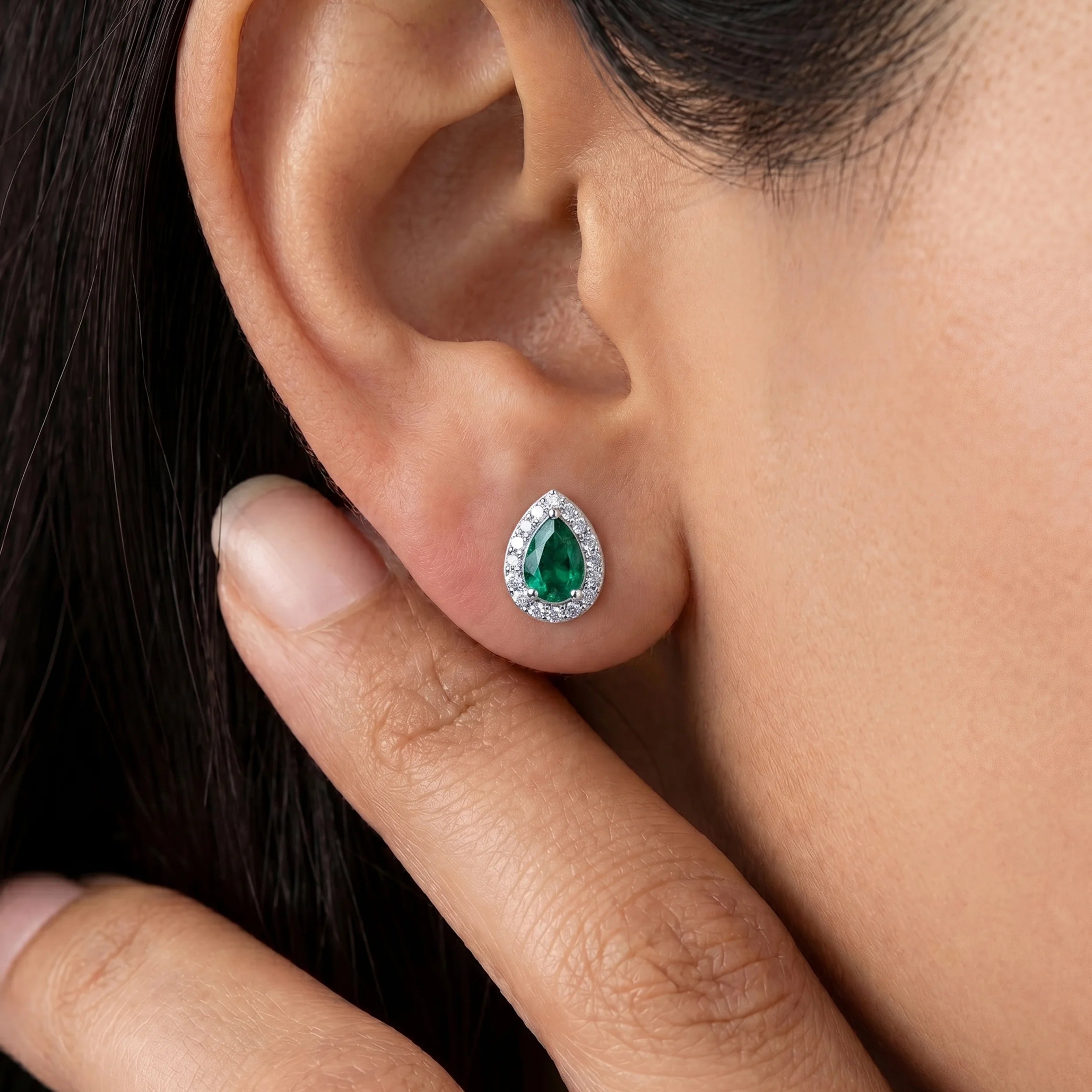 Emerald Pear Gemstone Halo Stud Earrings Earrings