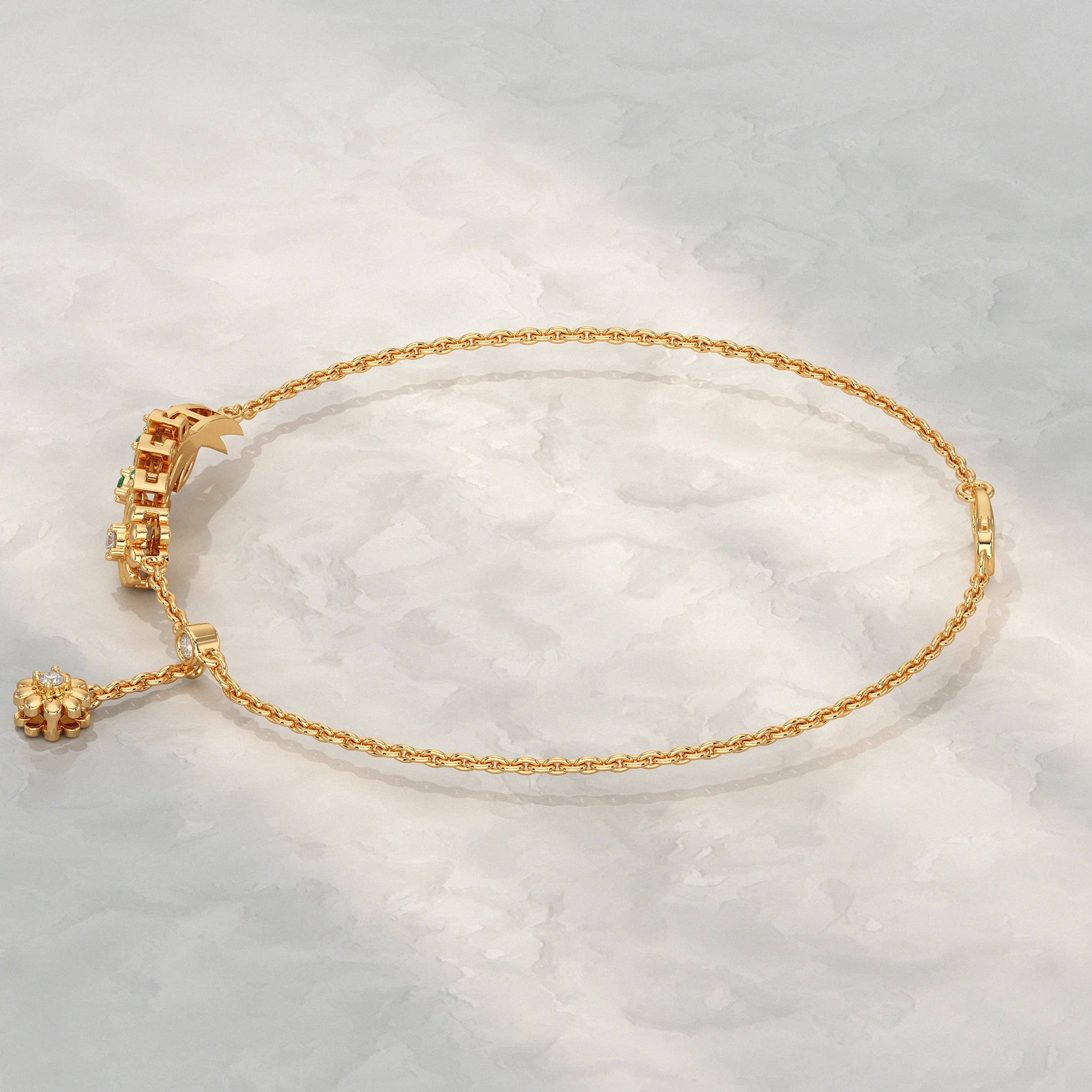 Round Lab Diamond Floral Leaf Charm Chain Bracelet Bracelet