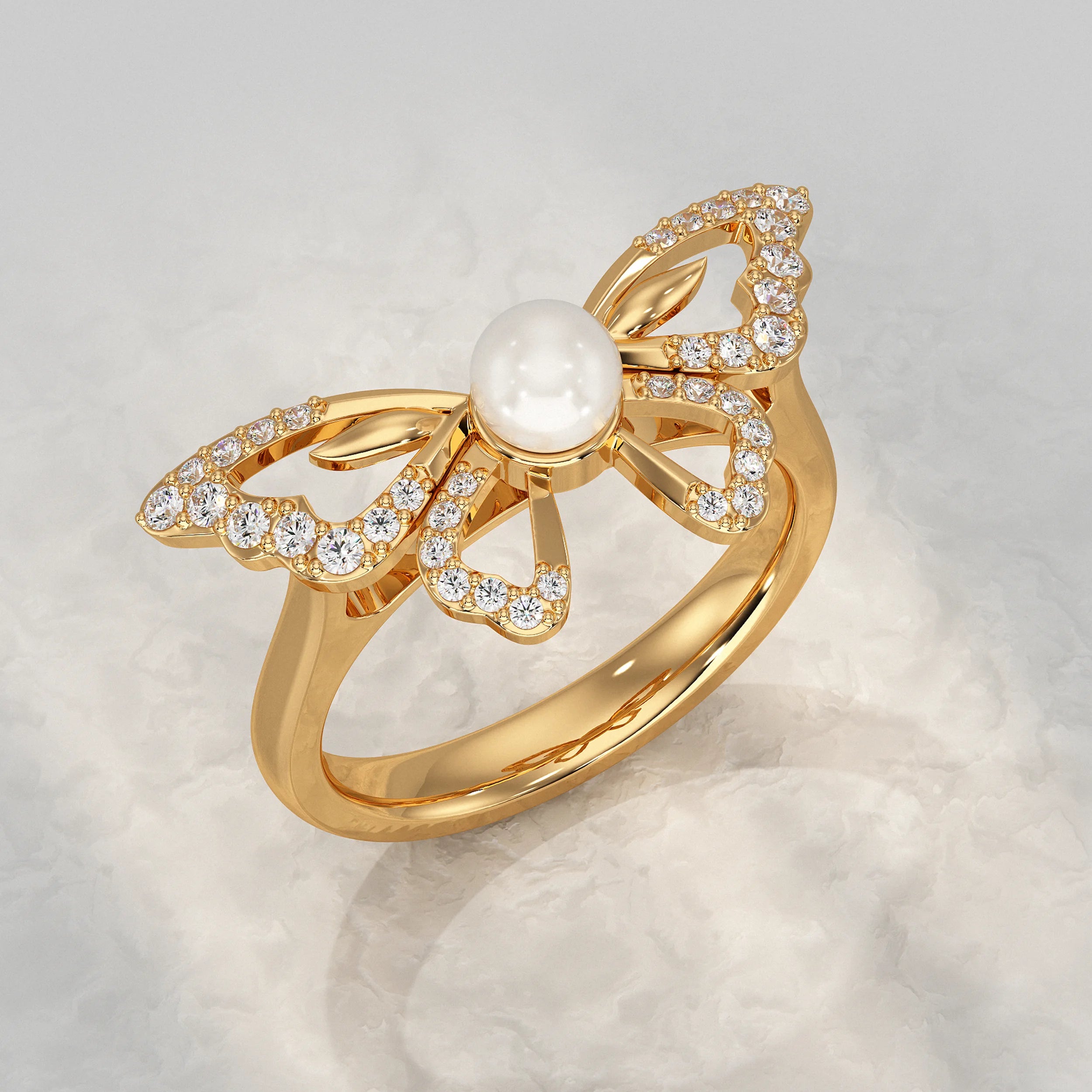 Butterfly With Round Pearl Gemstone Ring Rings