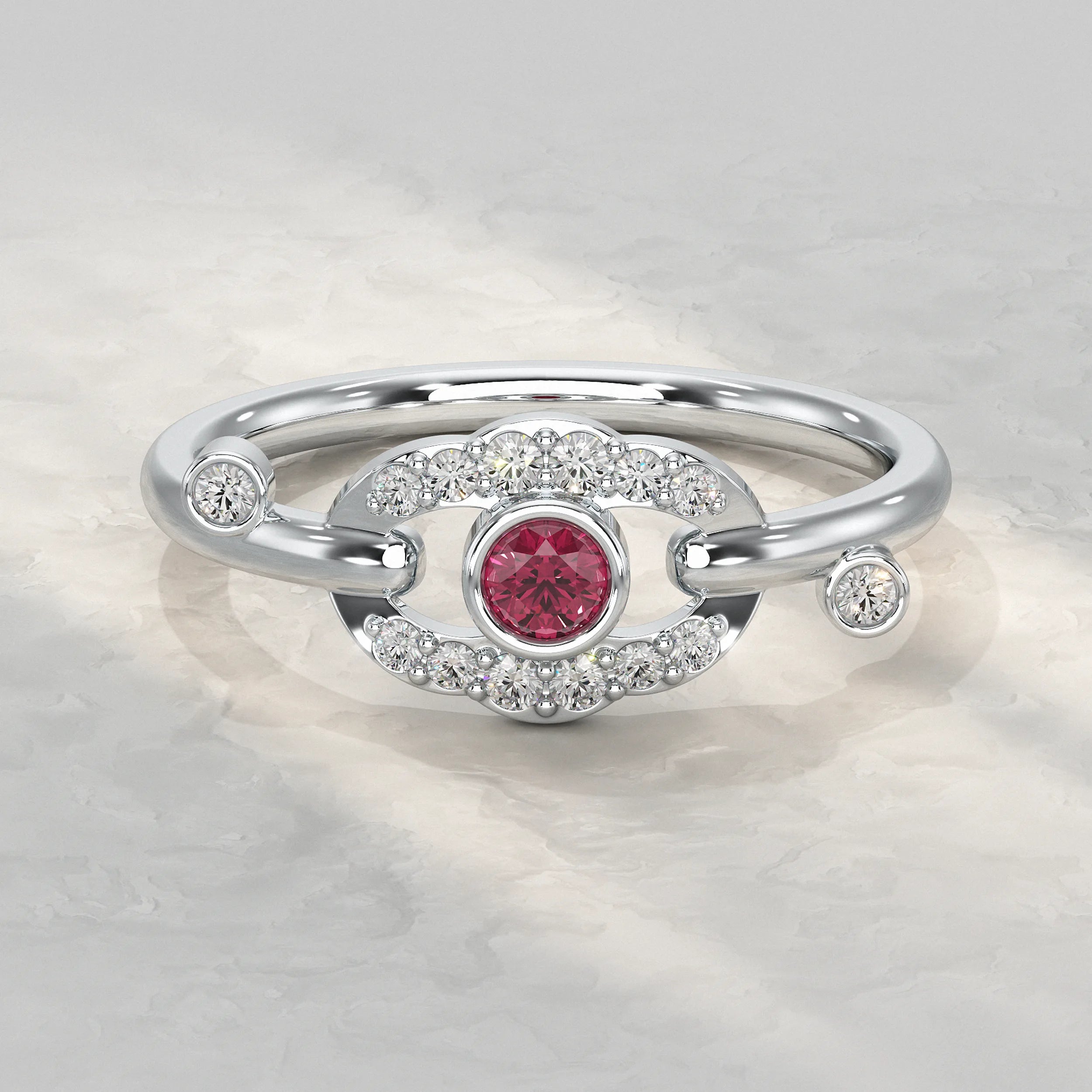 Round Red Gem and Diamond Halo Ring Rings