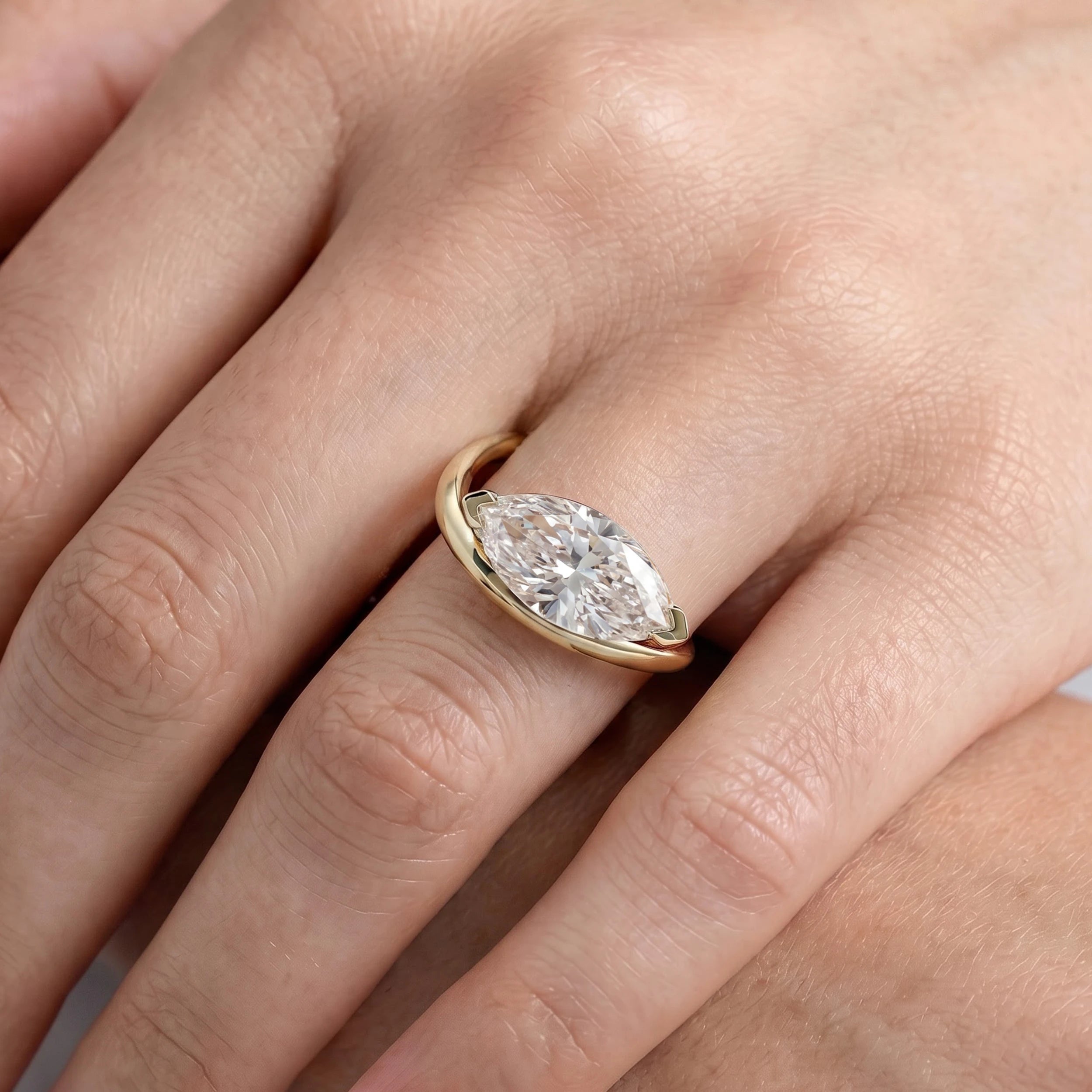 Marquise Lab Diamond Curved Solitaire Ring Rings