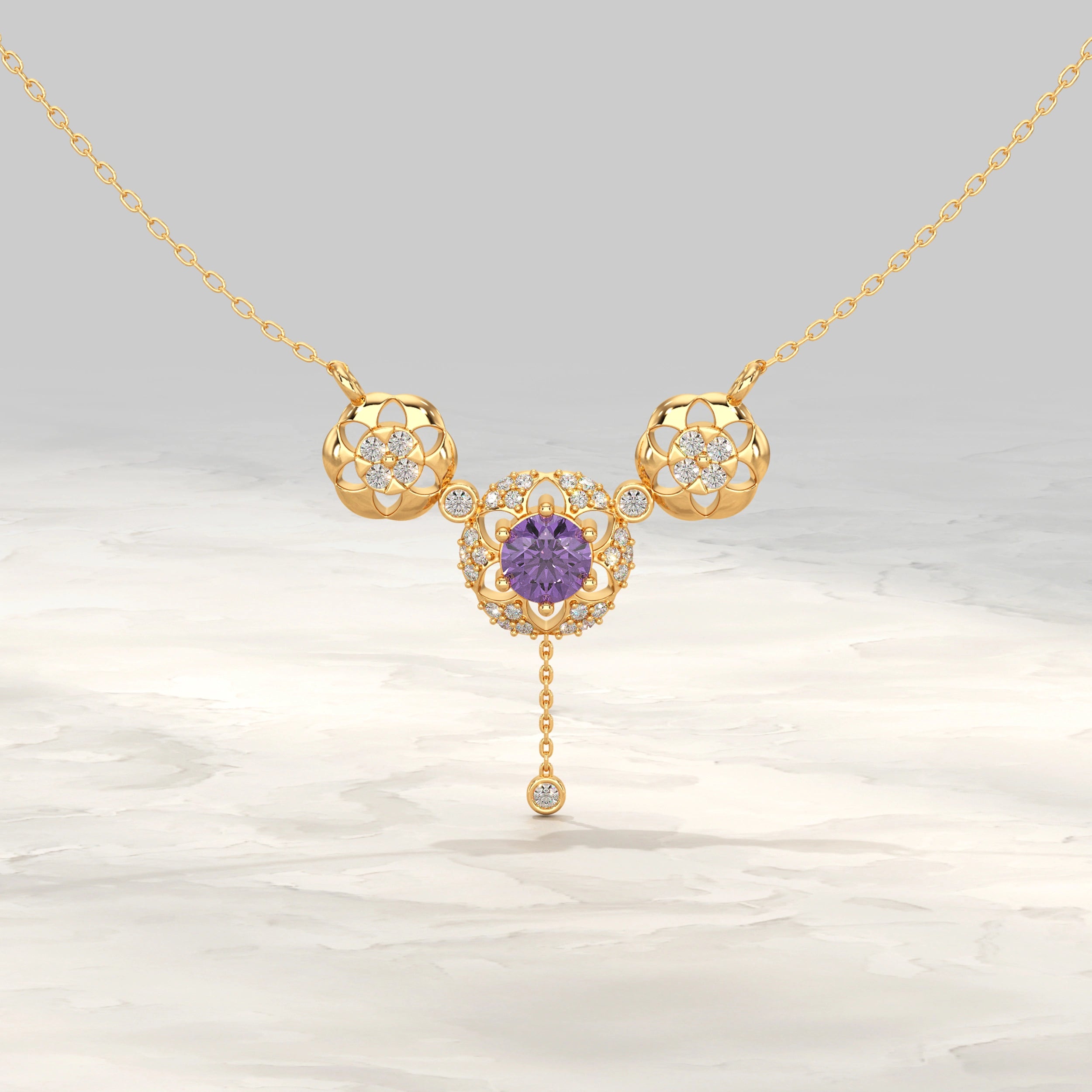 Round Diamond Flower Shape Drop Chain Pendant Pendant