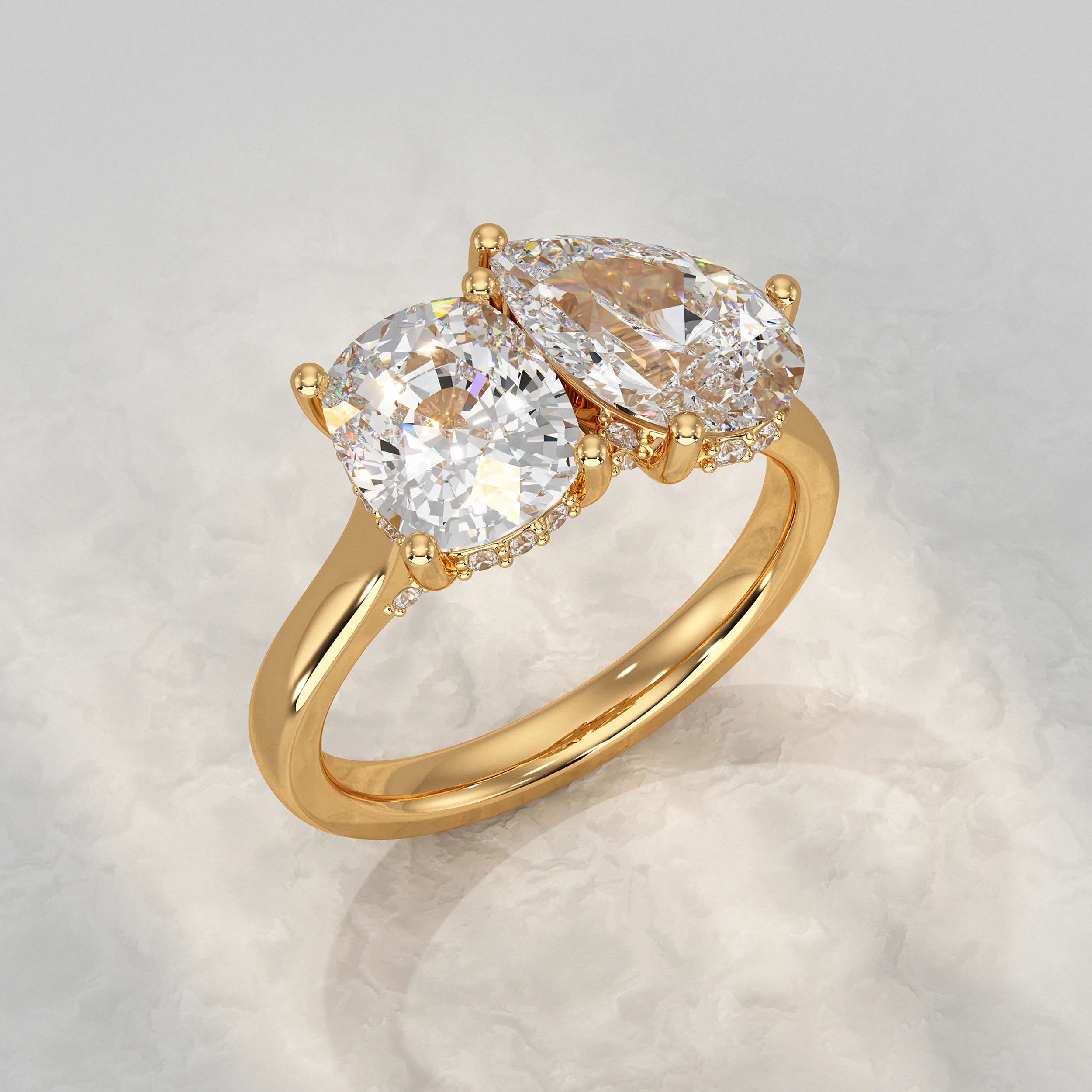 Two Stone Pear And Cushion Lab Diamond Hidden Halo Ring Rings
