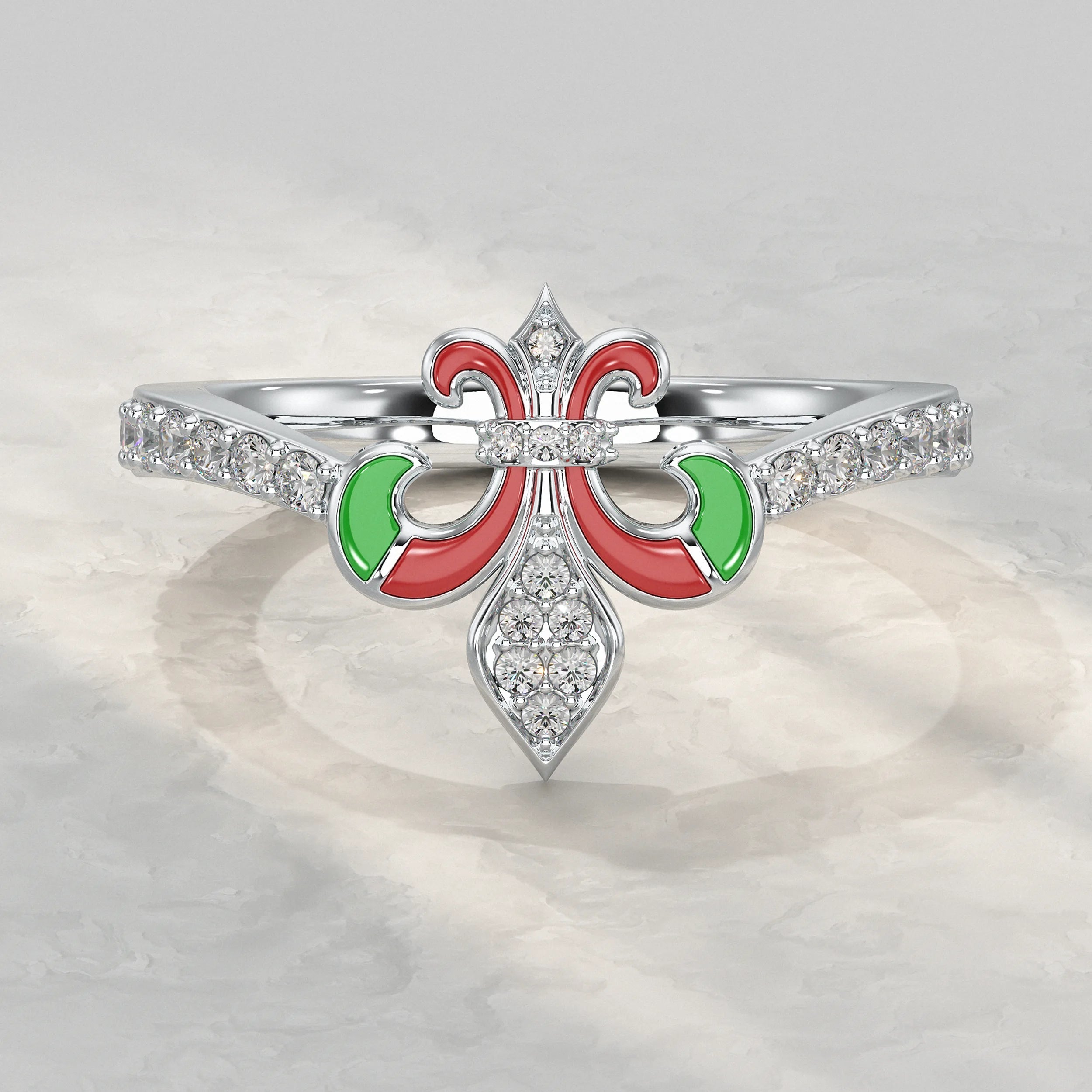 Lab Diamond Red & Green Enamel Fleur-de-Lis Ring Rings