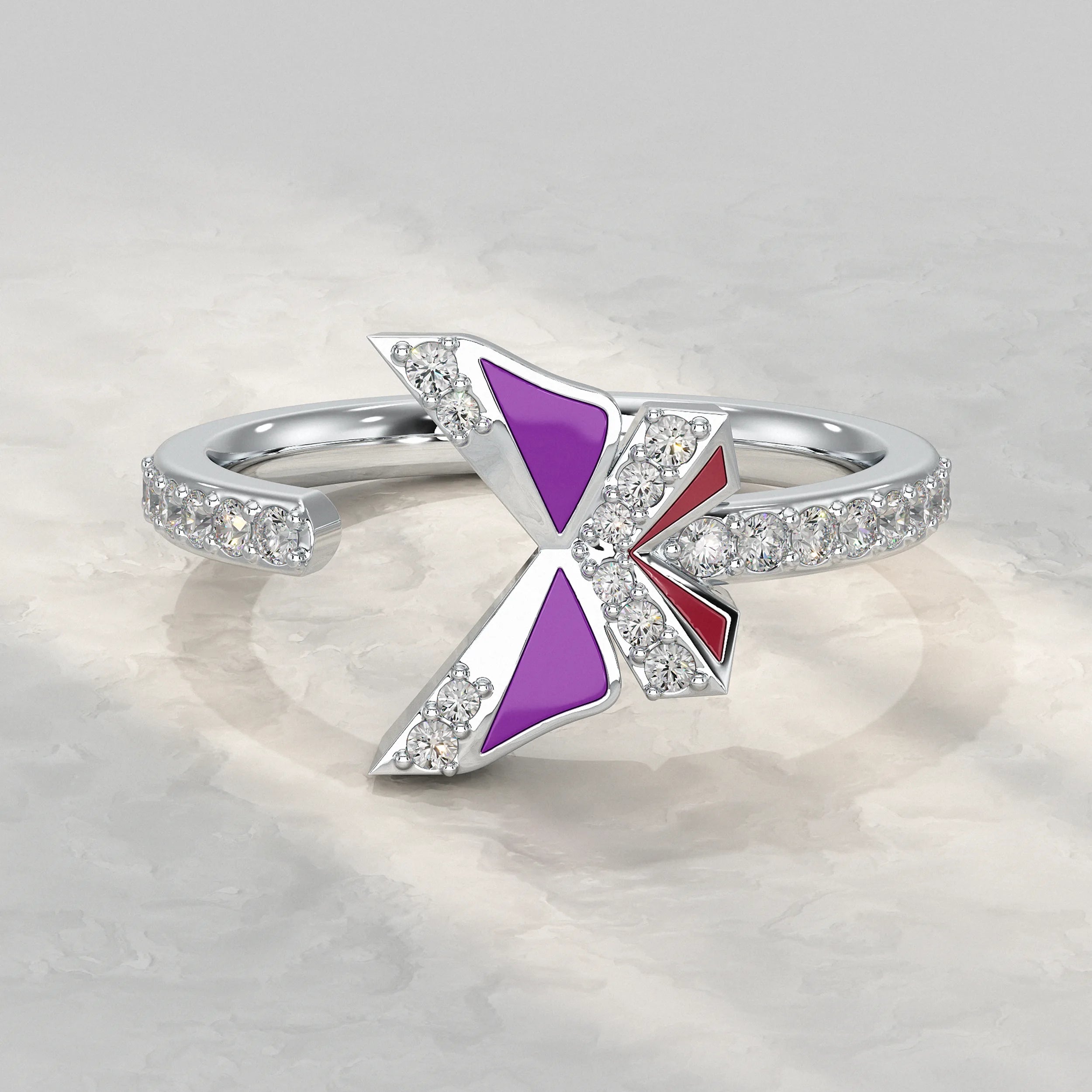 Purple Enamel Butterfly Lab Diamond Open Cuff Ring Rings