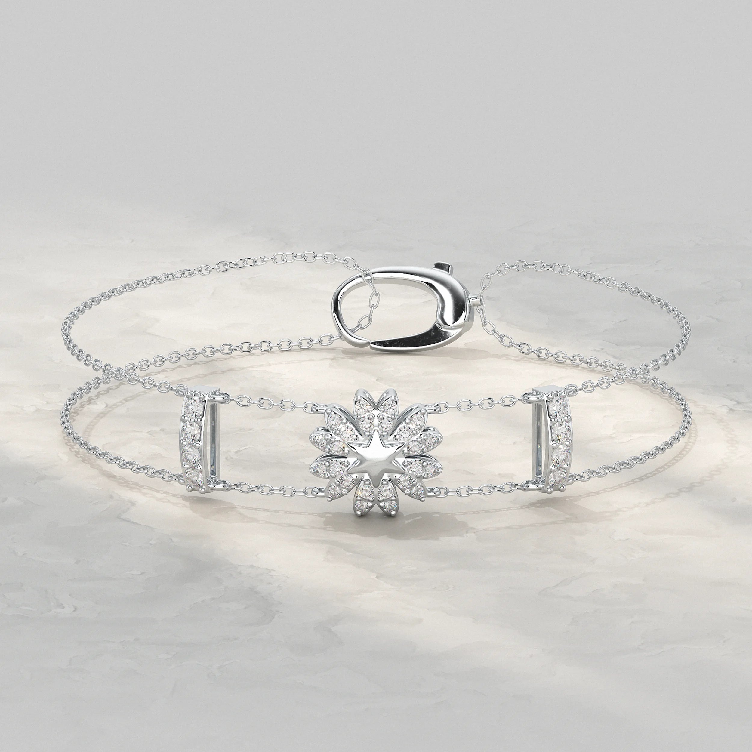 Floral Shape Round Diamond Double Chain Bracelet Bracelet