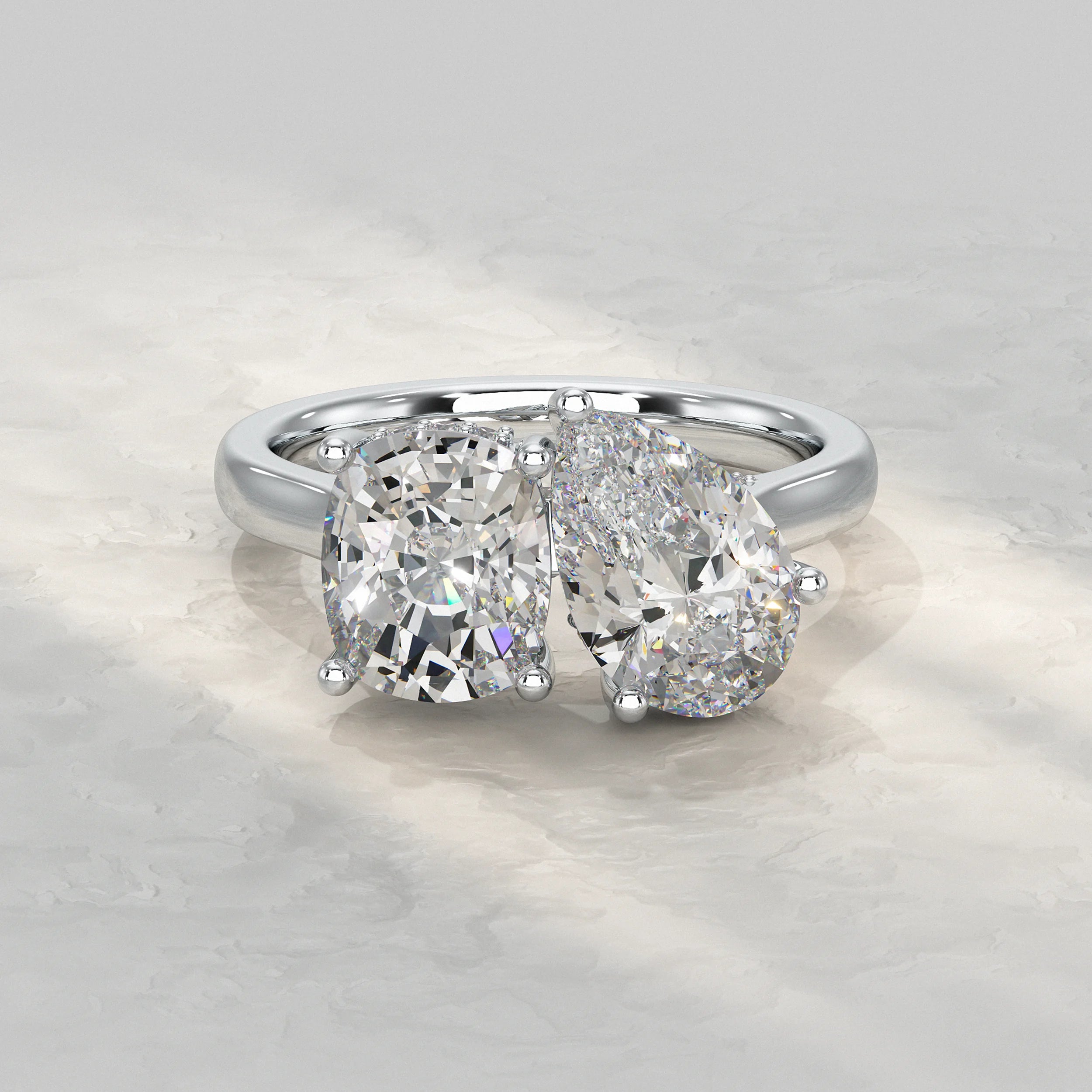 Two Stone Pear And Cushion Lab Diamond Hidden Halo Ring Rings