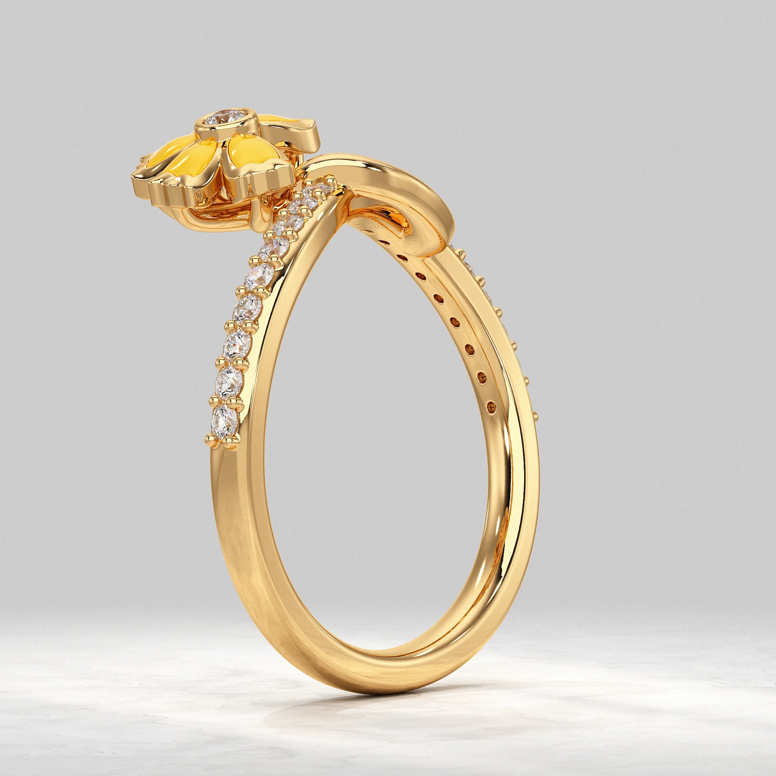 Floral Diamond Ring with Yellow Enamel Accents Rings