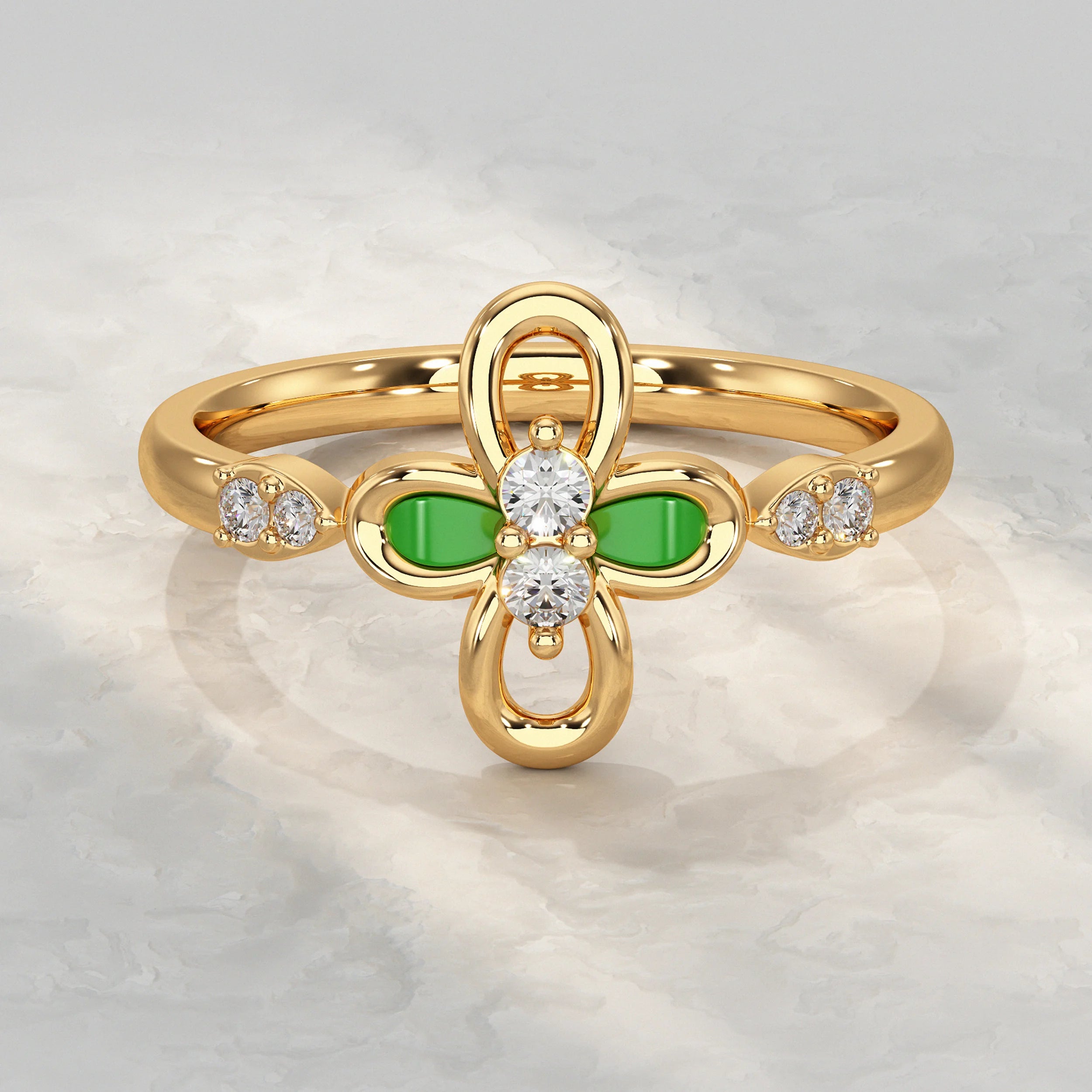 Floral Diamond Ring with Green Enamel Accent Rings