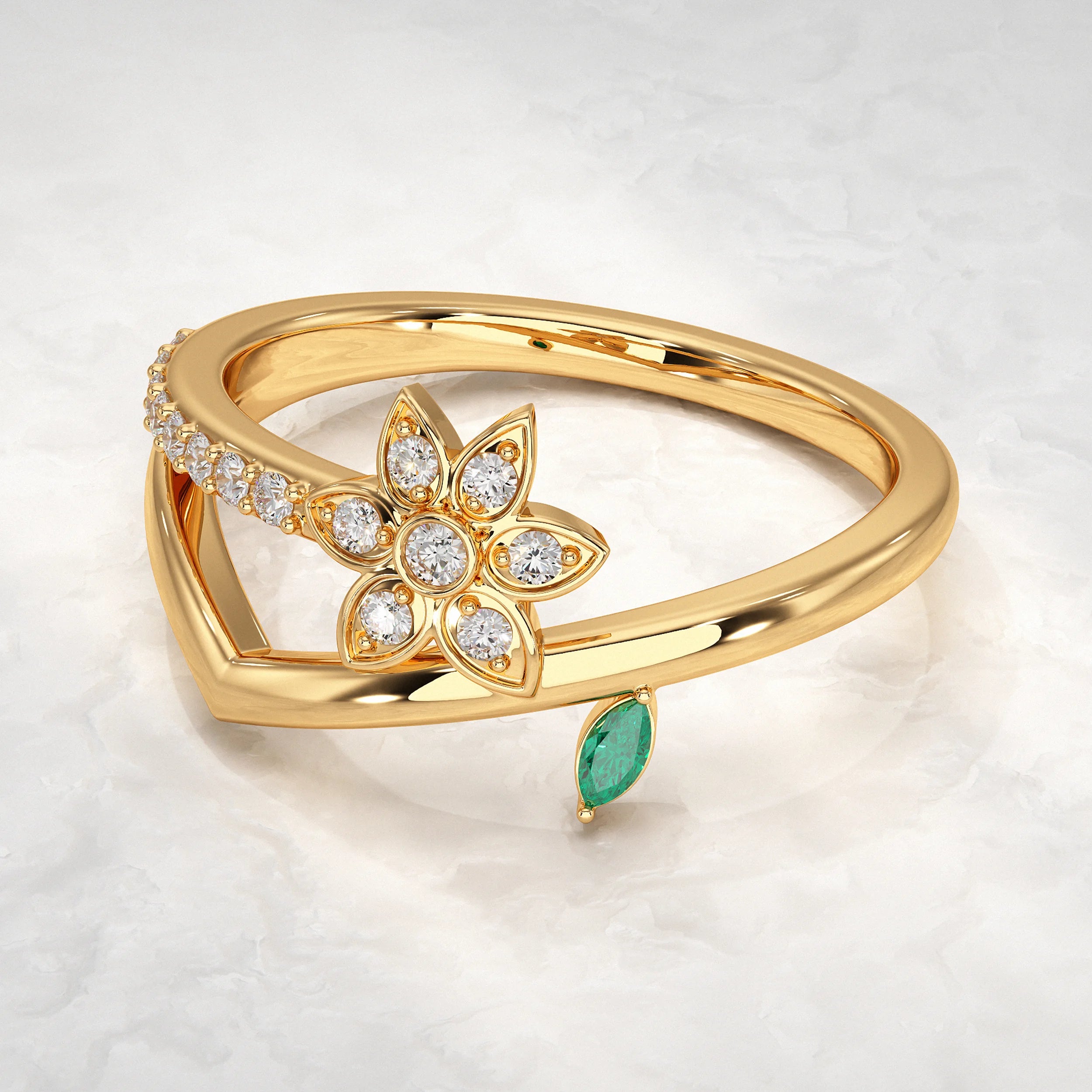 Floral Wrap Pave Ring with Green Drop Diamond Rings