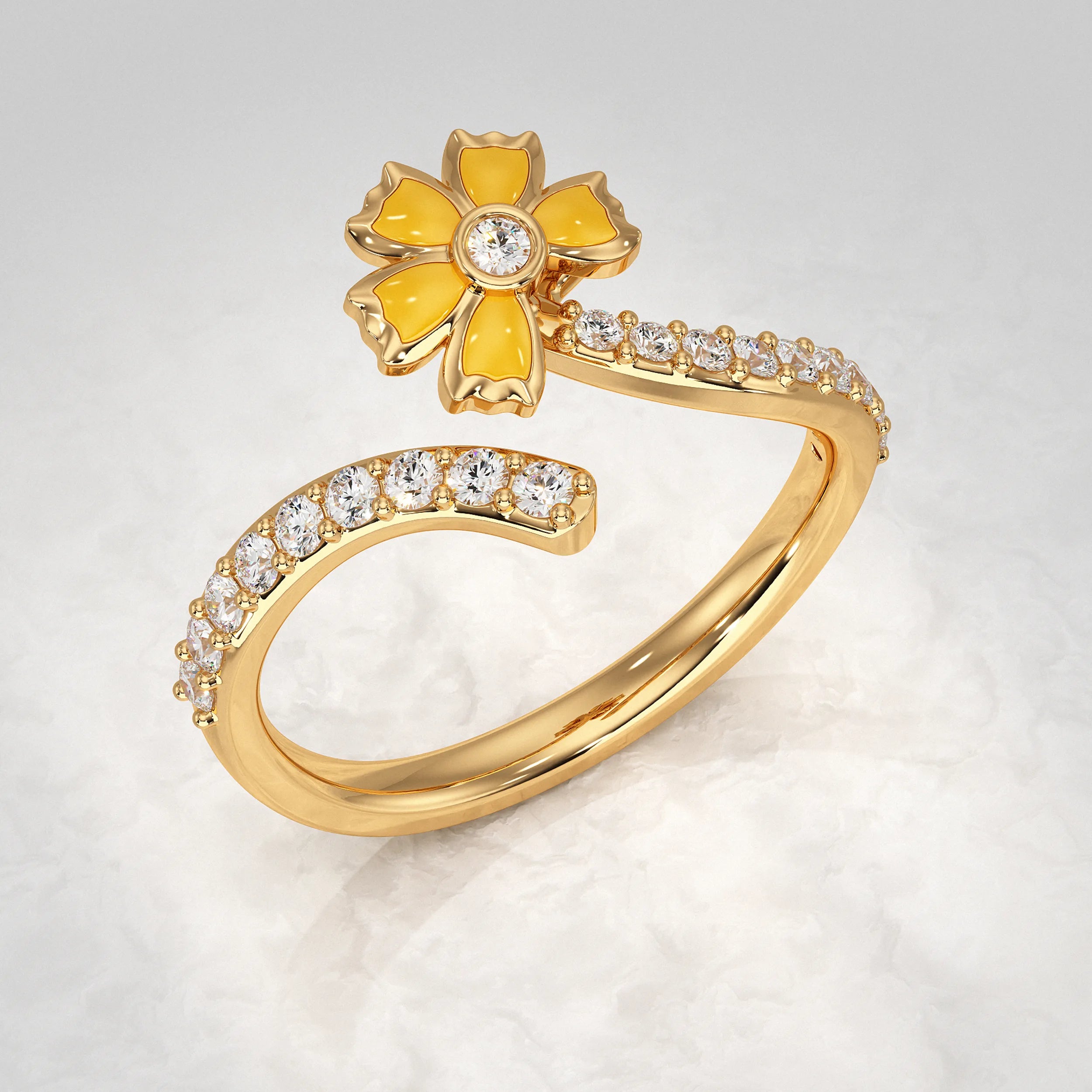 Open Cuff Blooming Flower Diamond Ring Rings