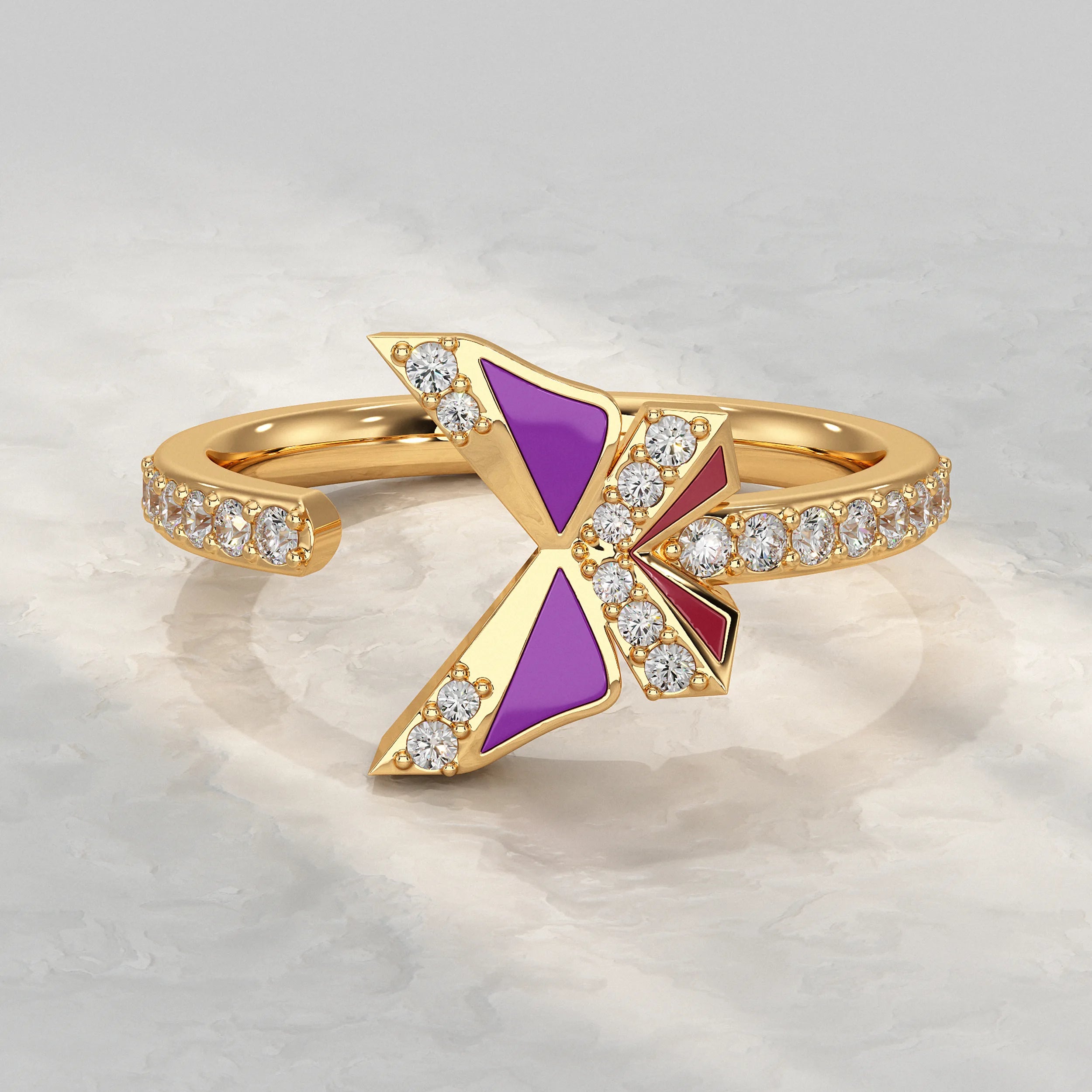 Purple Enamel Butterfly Lab Diamond Open Cuff Ring Rings