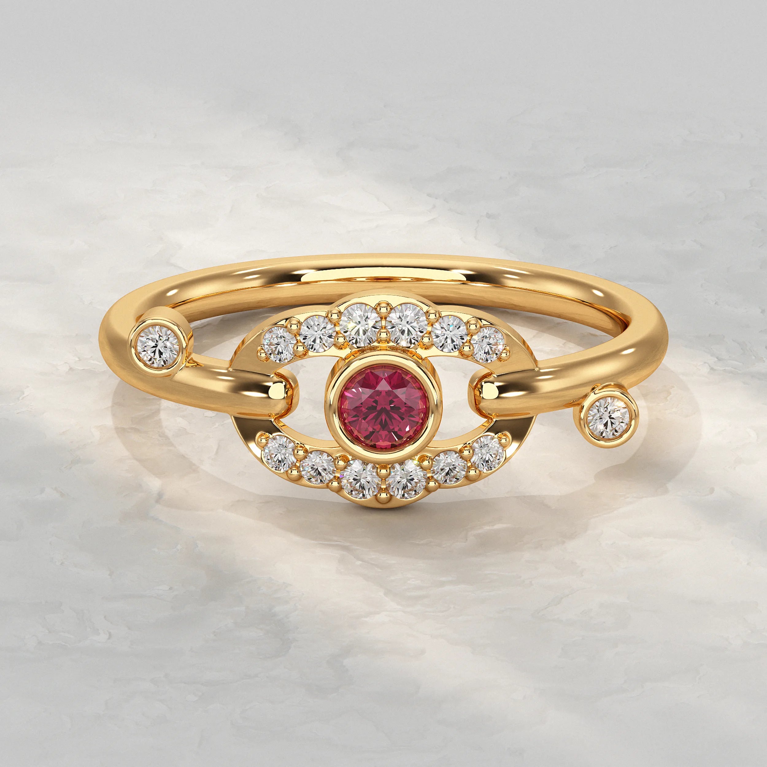 Round Red Gem and Diamond Halo Ring Rings
