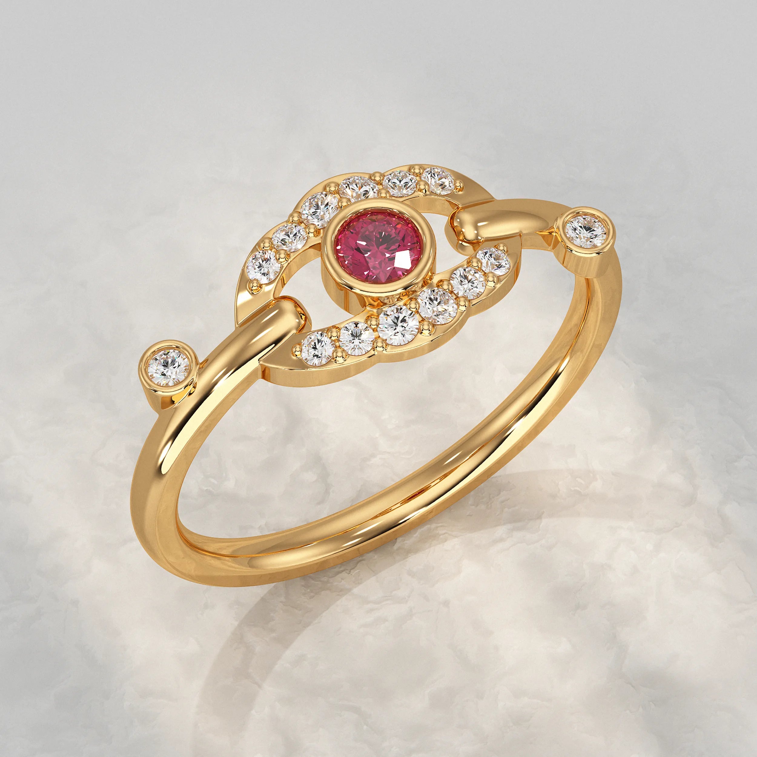 Round Red Gem and Diamond Halo Ring Rings
