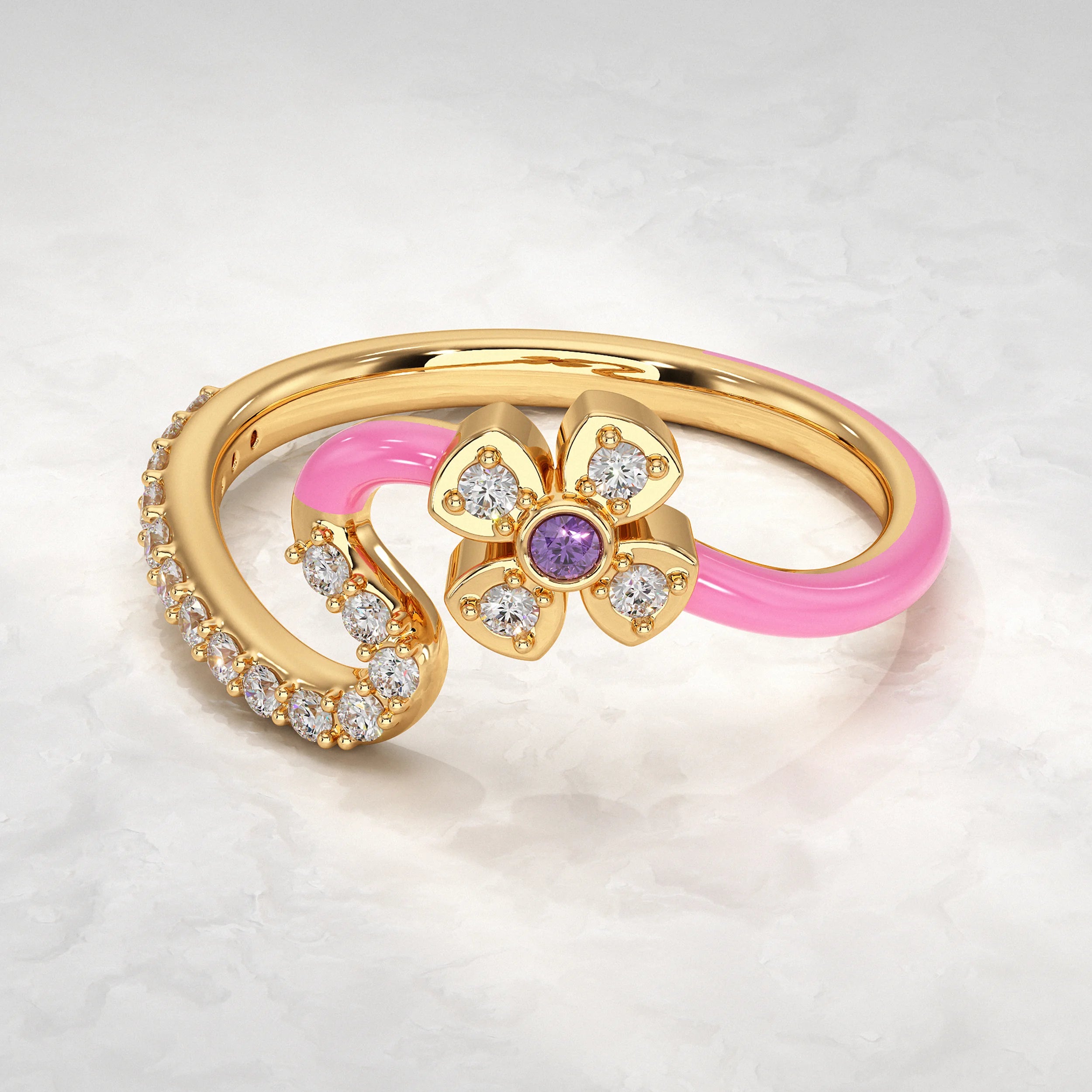 Pink Enamel Lab Diamond Floral Ring Rings