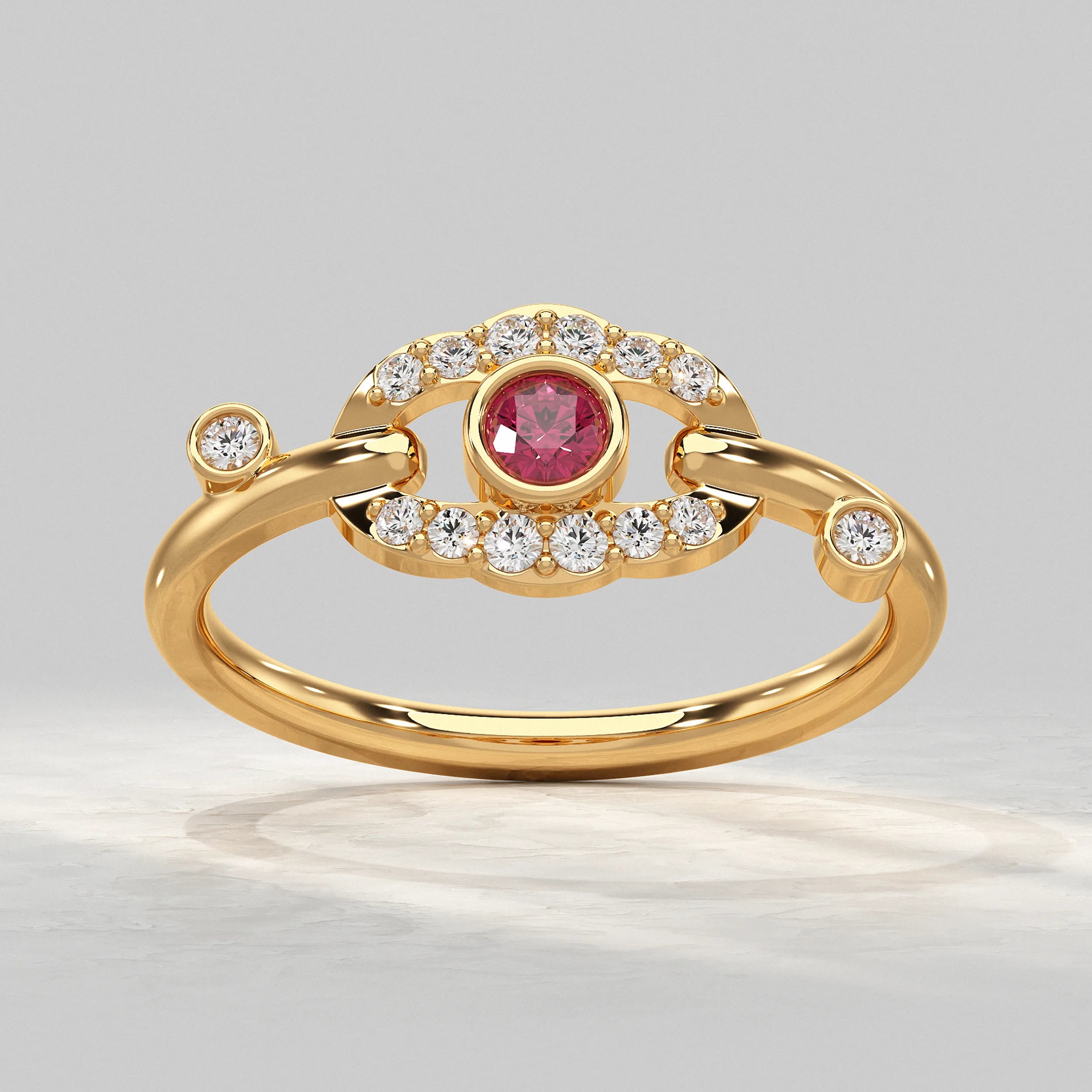 Round Red Gem and Diamond Halo Ring Rings
