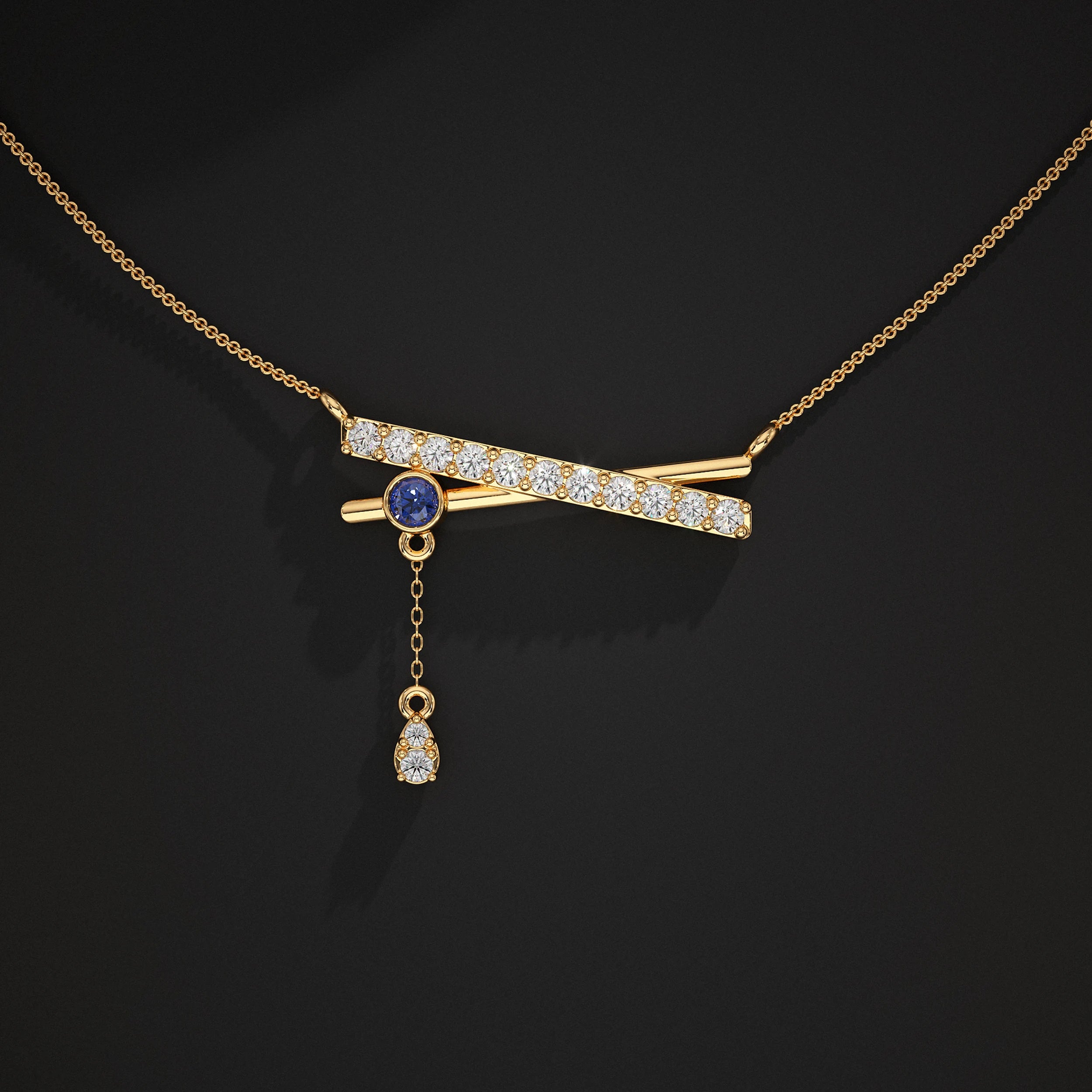 Round Lab Diamond Drop Chain Bar Pendant Pendant