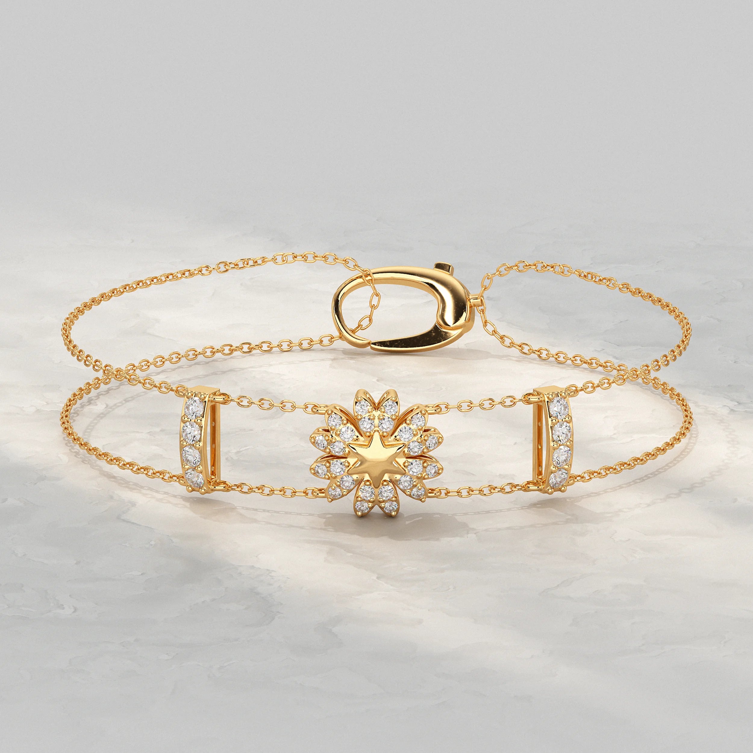 Floral Shape Round Diamond Double Chain Bracelet Bracelet