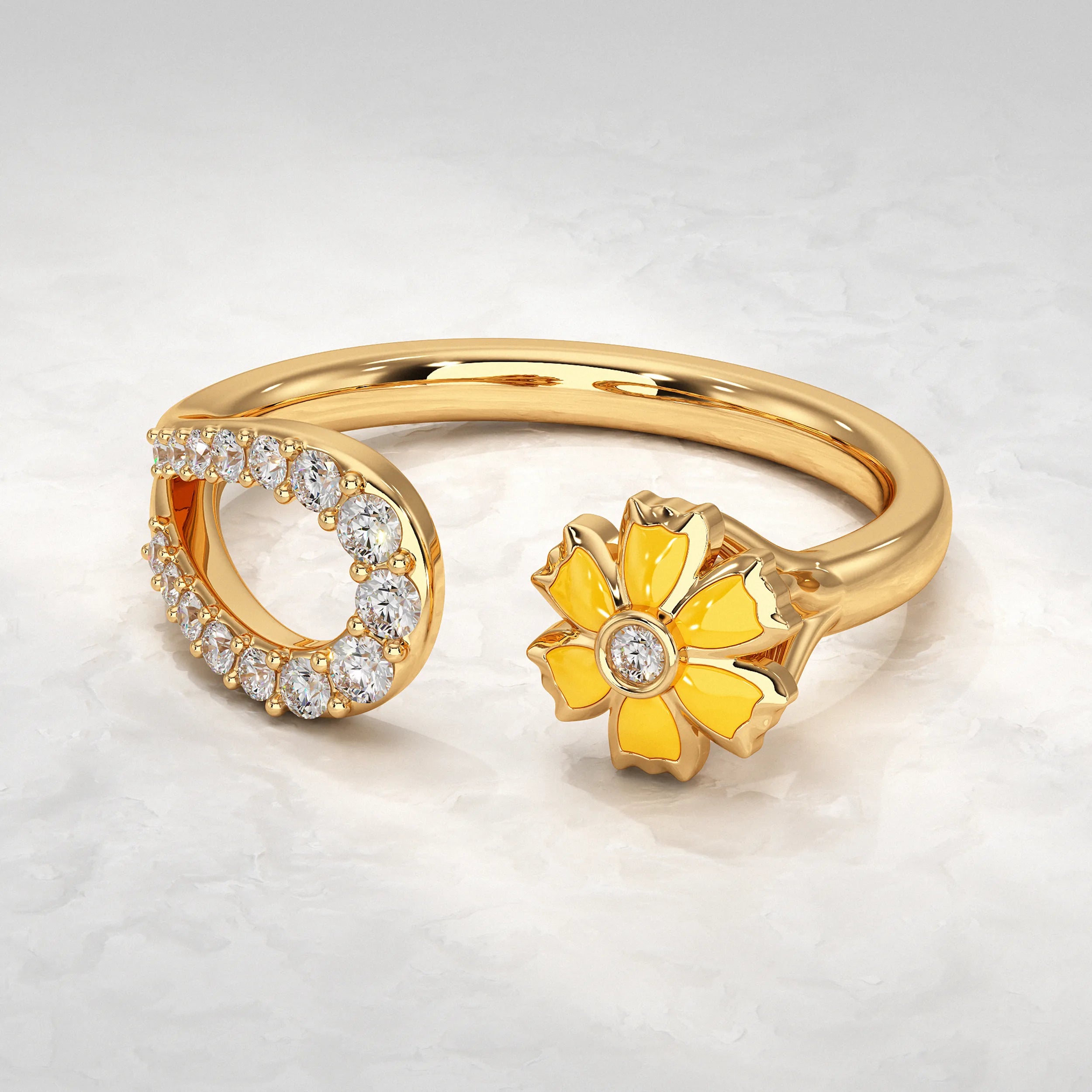 Yellow Enamel Flower Open Cuff Band Rings
